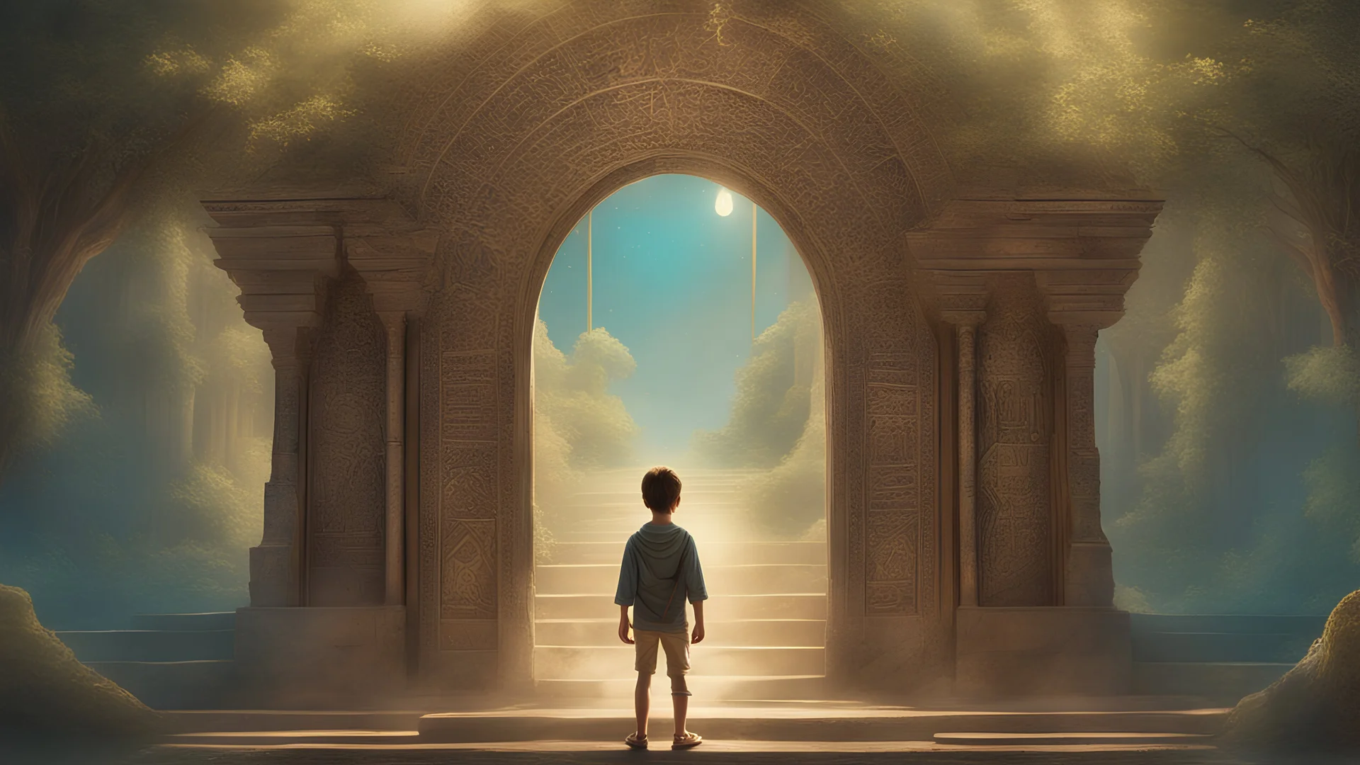 A boy stands in front of a closed magical gate, standing in all its splendor as a guardian of the mysterious worlds. The gate is decorated with complex historical inscriptions that reflect ancient stories and secrets that have not yet been revealed. The artistic details stand out in the statue, where light and shadow intertwine to create a magical painting. The portal emits vibrant, bright, almost muted colors, as if preparing to reveal hidden worlds beyond. The golden lock adds a final to