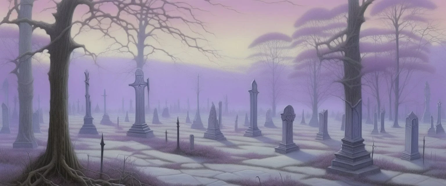 A light purple graveyard filled with ghosts painted by Caspar David Friedrich