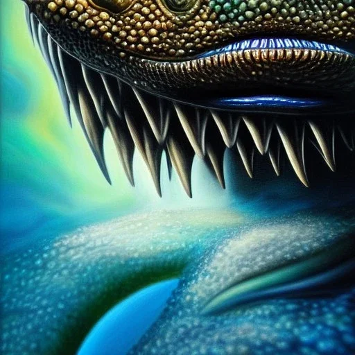 Drawing in oil on Canvas, ultra detailed portrait of SEA Monster Avatar, extremely detailed digital painting, intrincate, extremely detailed face, crystal clear Big eyes, in the style of Kaare Andrews, mystical colors , perfectly centered image, perfect composition, perfect anatomy, movie poster ,rim light, beautiful lighting, 8k, stunning scene, raytracing