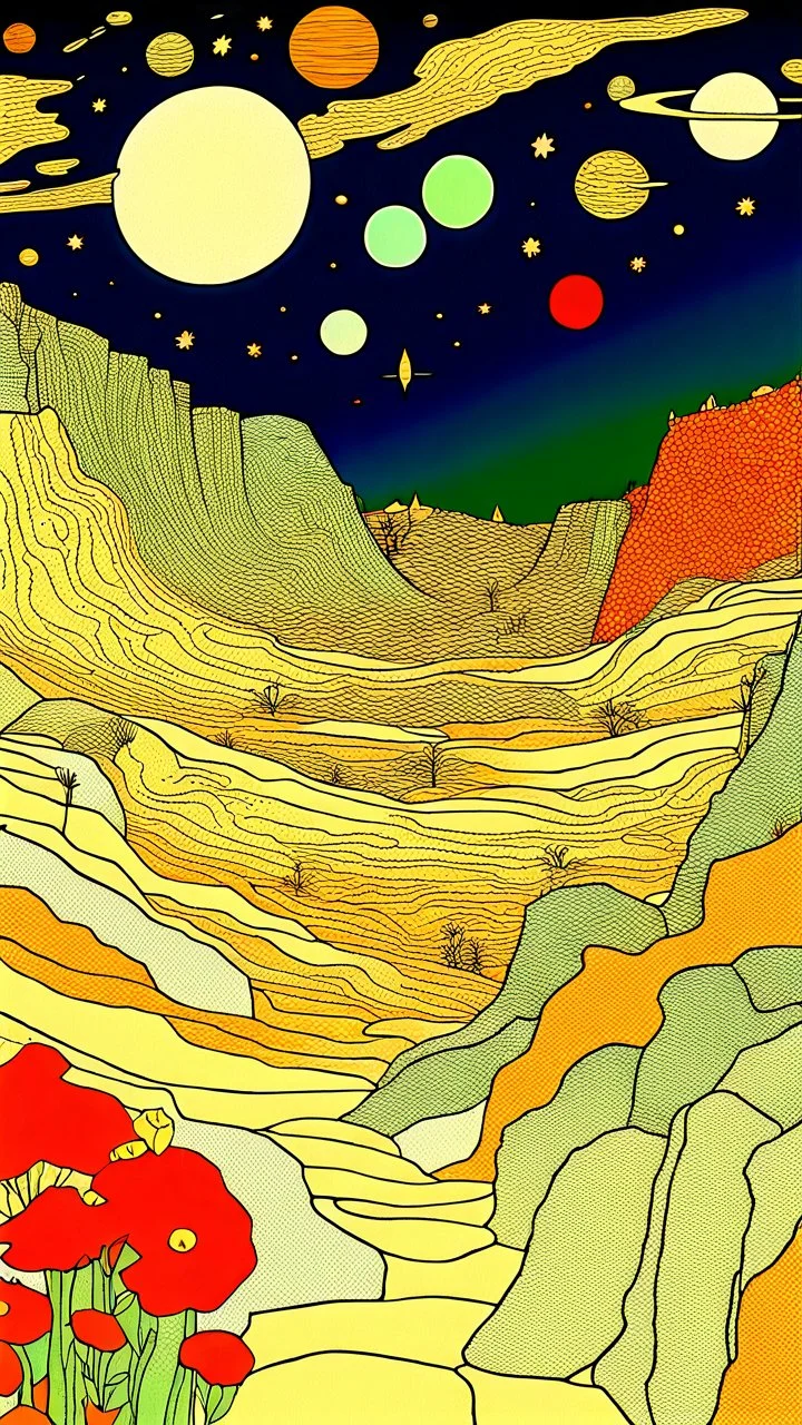 Many colors, peaceful, Egon Schiele, Max Ernst, night sky filled with galaxies, planets and stars, rock formations, trees, flowers, one-line drawing, sharp focus, 8k, deep 3d field, intricate, ornate, one million strokes