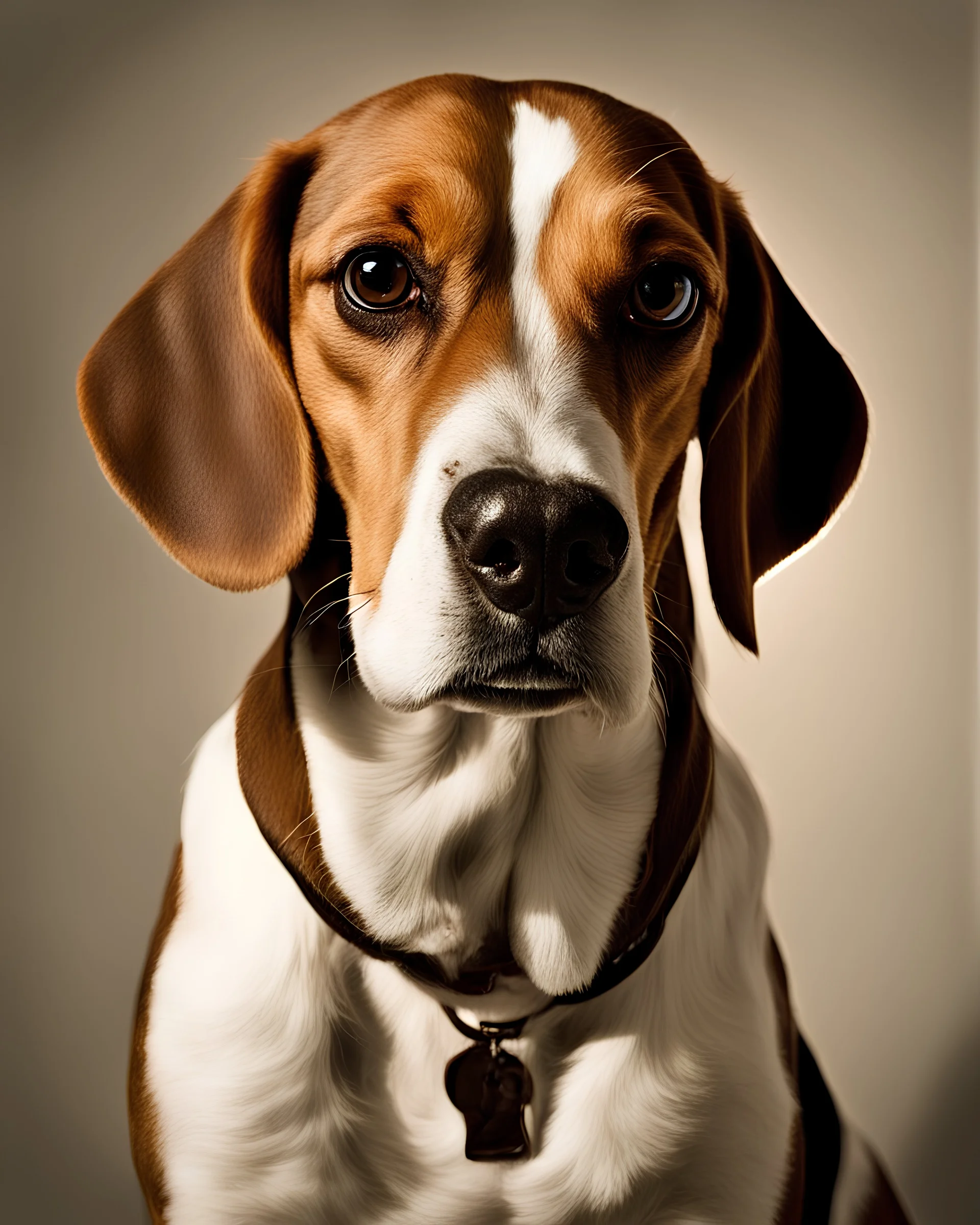 a beagle posing for a photo, in the style of contrasting lights and darks, spanish school, social media portraiture, jonathan wolstenholme, cinestill 50d, jusepe de ribera, mary beale