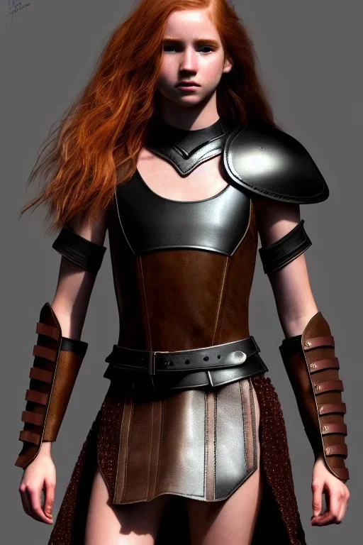 (hyperrealistic:1.1), concept illustration, super-detailed, beautiful teen female who is 16 years old with long ginger hair and freckles with full lips,, full body, full face, athletic, centred camera, ignore NSFW, skimpy brown fantasy leather armor, halter top, thong, knee-high leather boots, open leather skirt, stern expression, cute pose