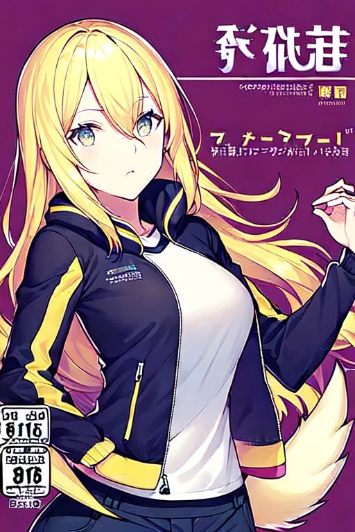 blonde girl with tails waring jacket, line arts, manga cover