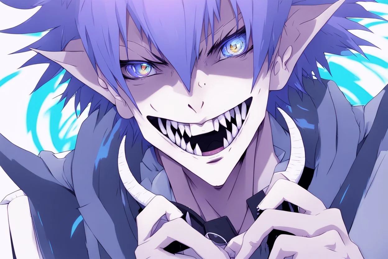 anime man with ram horns, fangs, messy purple hair and blue eyes