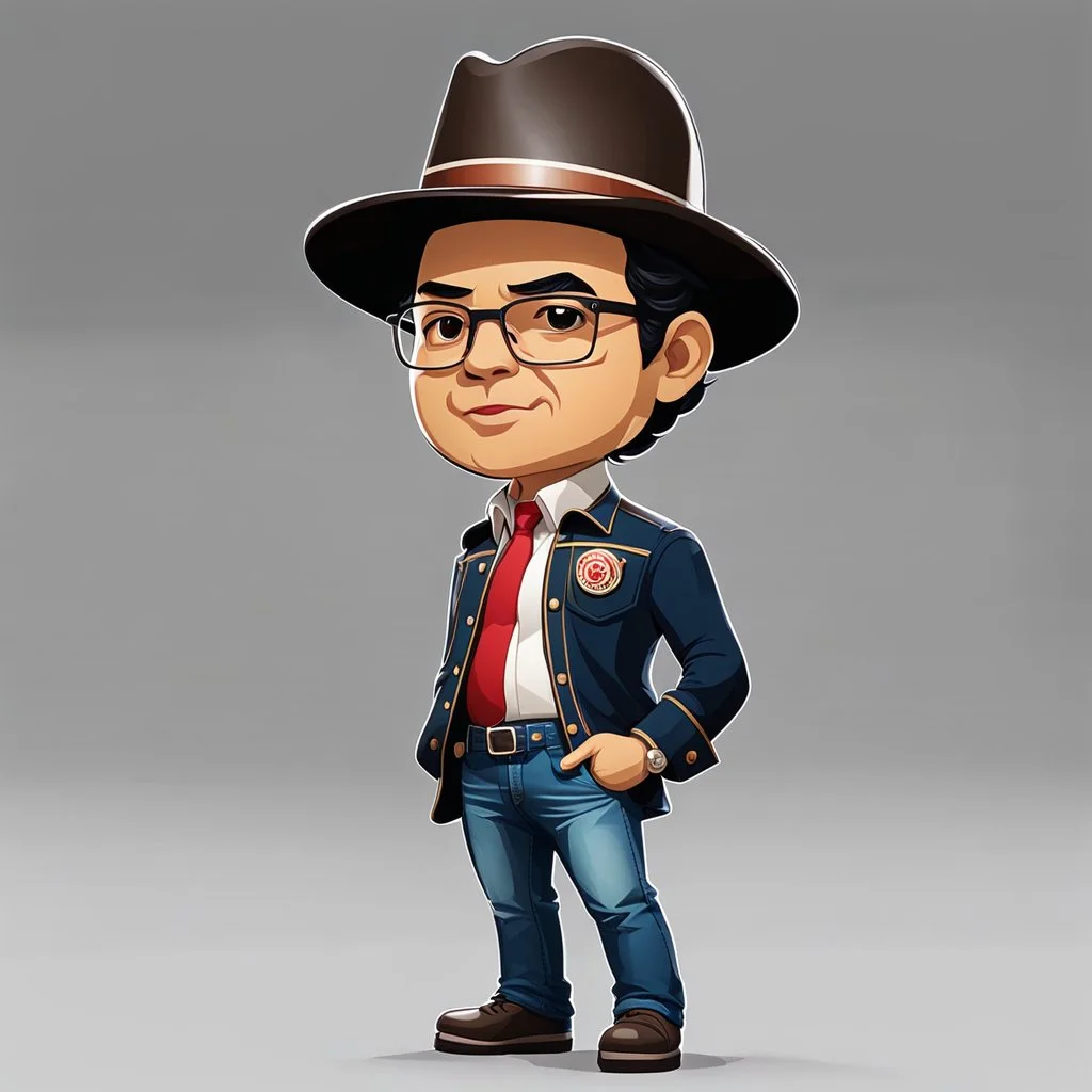 imágen retro of Gustavo Petro serious with hat, jeans and shirt no lentes speaking in a speech full body chibi