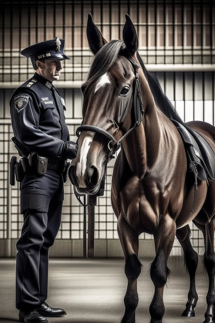 objeto: caballo vestido con uniforme policial; acción: parado; contexto: un recinto policial; entorno/ atmósfera: