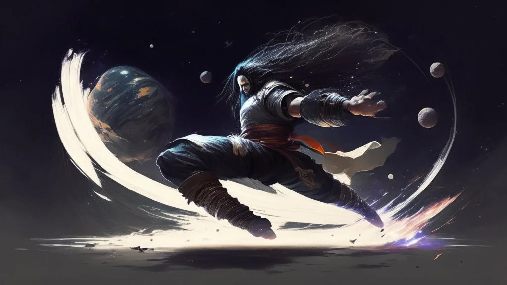 Martial Arts master, kicking, fighting, long hair, epic, space, planetary, planet destroying, dark, cute