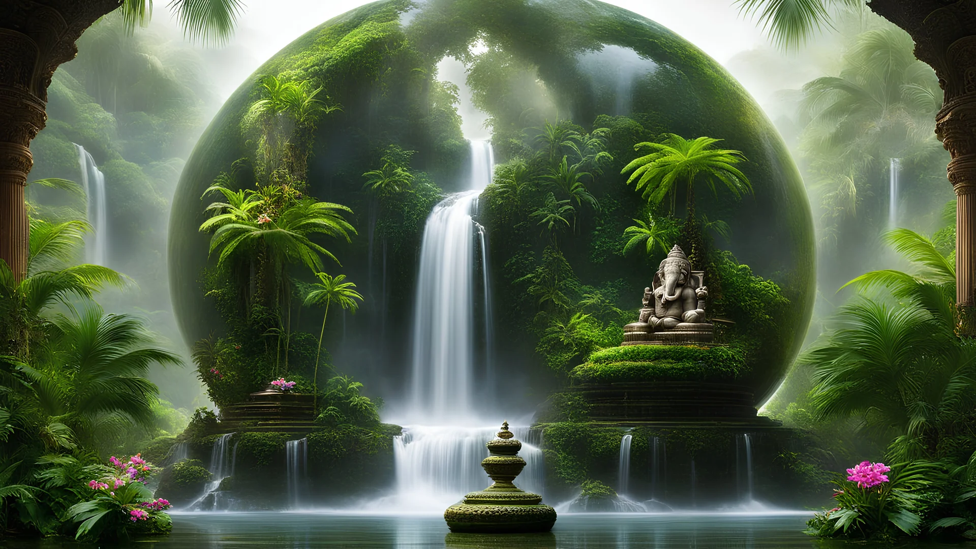 temple indian ganesh waterfall jungle palms in ball glass is an abstract concept that refers to a world made entirely of flowers or plants, often in a fantasy or mythical setting. The flower planet in this image appears to be a baroque world, with ornate spiral patterns and intricate designs.