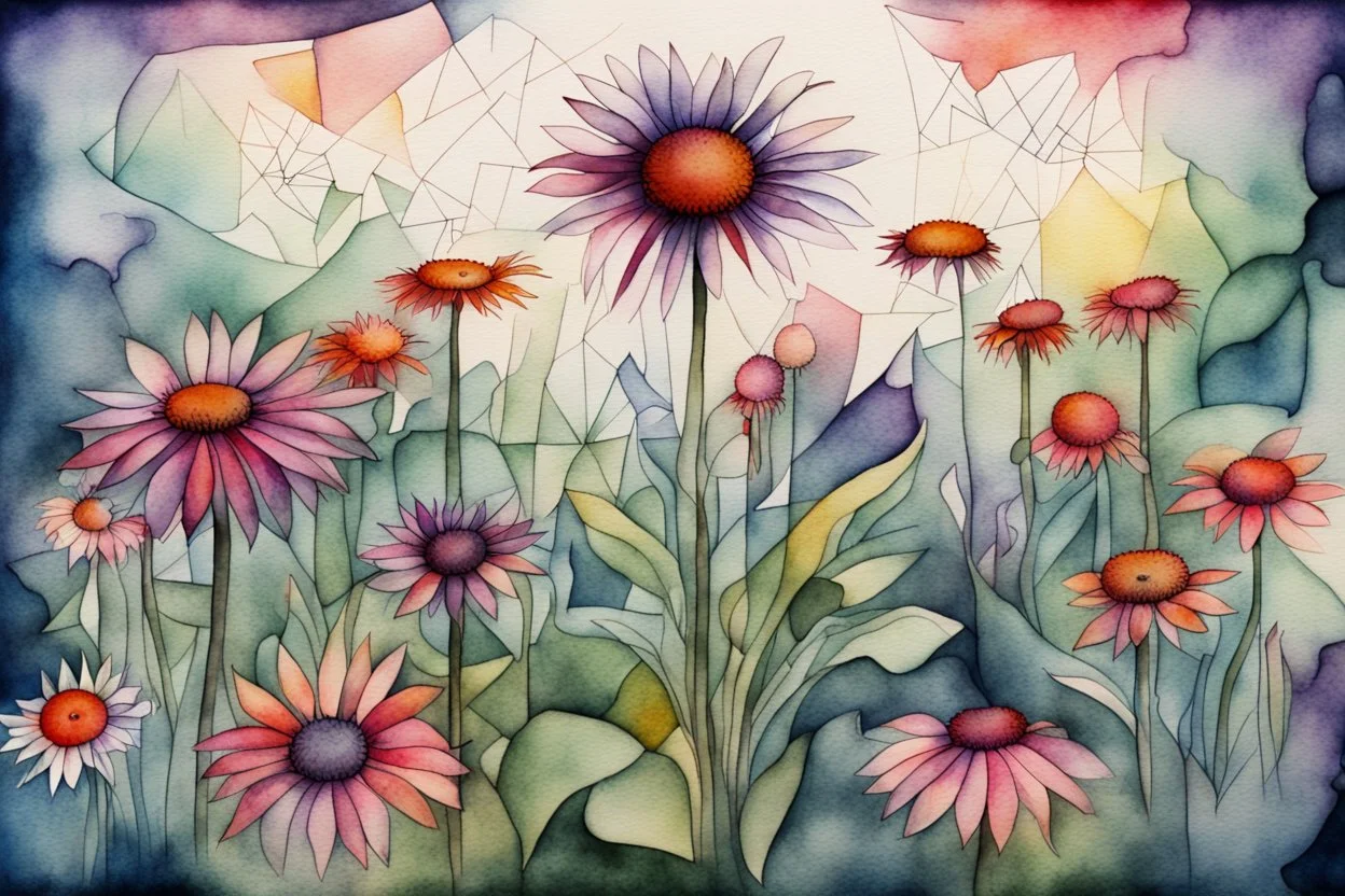 Create a surreal abstract watercolor and ink painting of an Echinacea in a garden. In the style of Paul Klee, Picasso, Matisse. Geometric. Map like qualities. Modifiers: elegant intricate beautiful high detail high definition crisp quality colourful zentangle