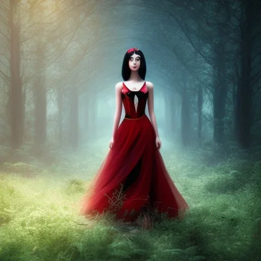 Girl with black hair wearing long red dress in a magic forest, fantasy style, surrealism, 8k