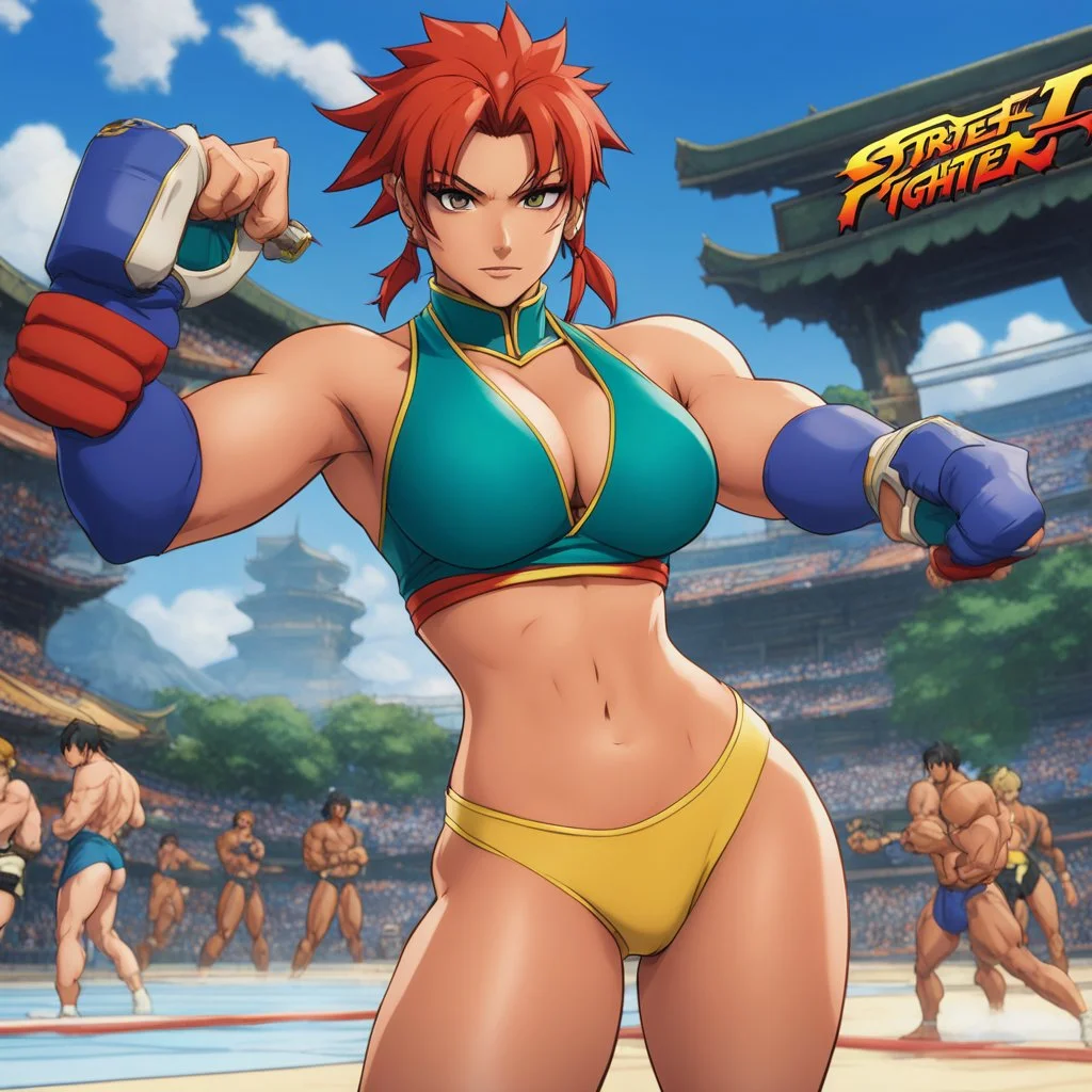 [high res photo of an actress for the launch Street Fighter III: New Generation/Official Art by Daigo Ikeno] the athletic Ardried Lash, The Serpent's Tooth, in her iconic two piece swimsuit stands up on the ring, seen by below