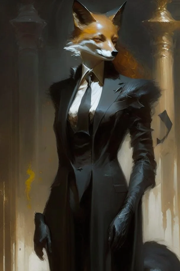 a fox in black suit and court gown in the style of Aleksi Briclot, Charlie Bowater, Dean Cornwell, and Pino Daeni