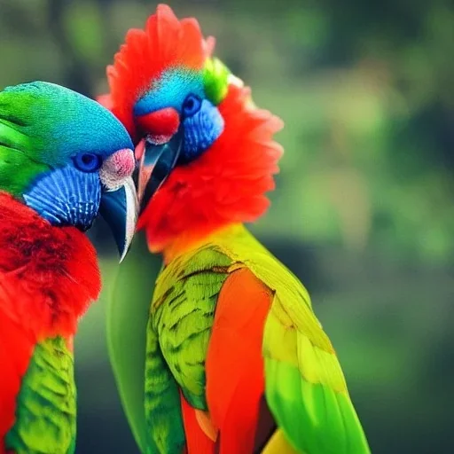 The embodiment of summer is a beautiful exotic birds fly, the face is beautiful, the atmosphere of the scene is uplifting and dynamic, Summer cinematic, the colors are green dark, red, orange and touches of blue