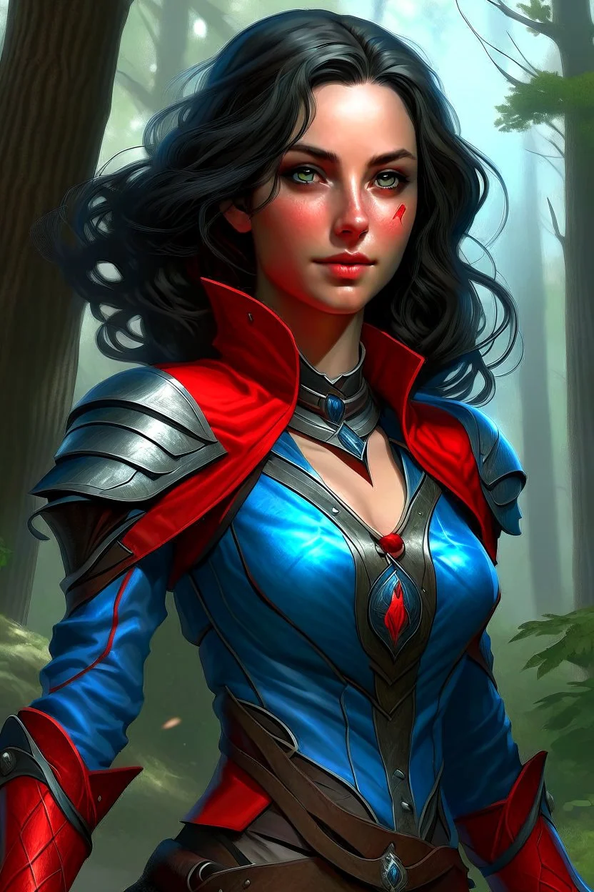 create an adult female air genasi from dungeons and dragons, black medium hair, light blue eyes, blue skin, wavy hair, wearing red leather clothing, very realistic, full body, digital painting, high resolution, forest background, a bit zoomed out