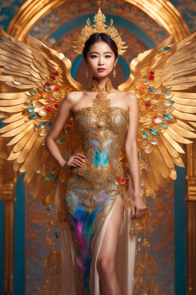 Gorgeous photography full body Beautiful super model Asian woman dressing Lady Angel colorful art conceptual, amazing artwork, hyper detailed, ultra maximalist quality, 12k , close-up portrait,crystal ornaments background, golden hour