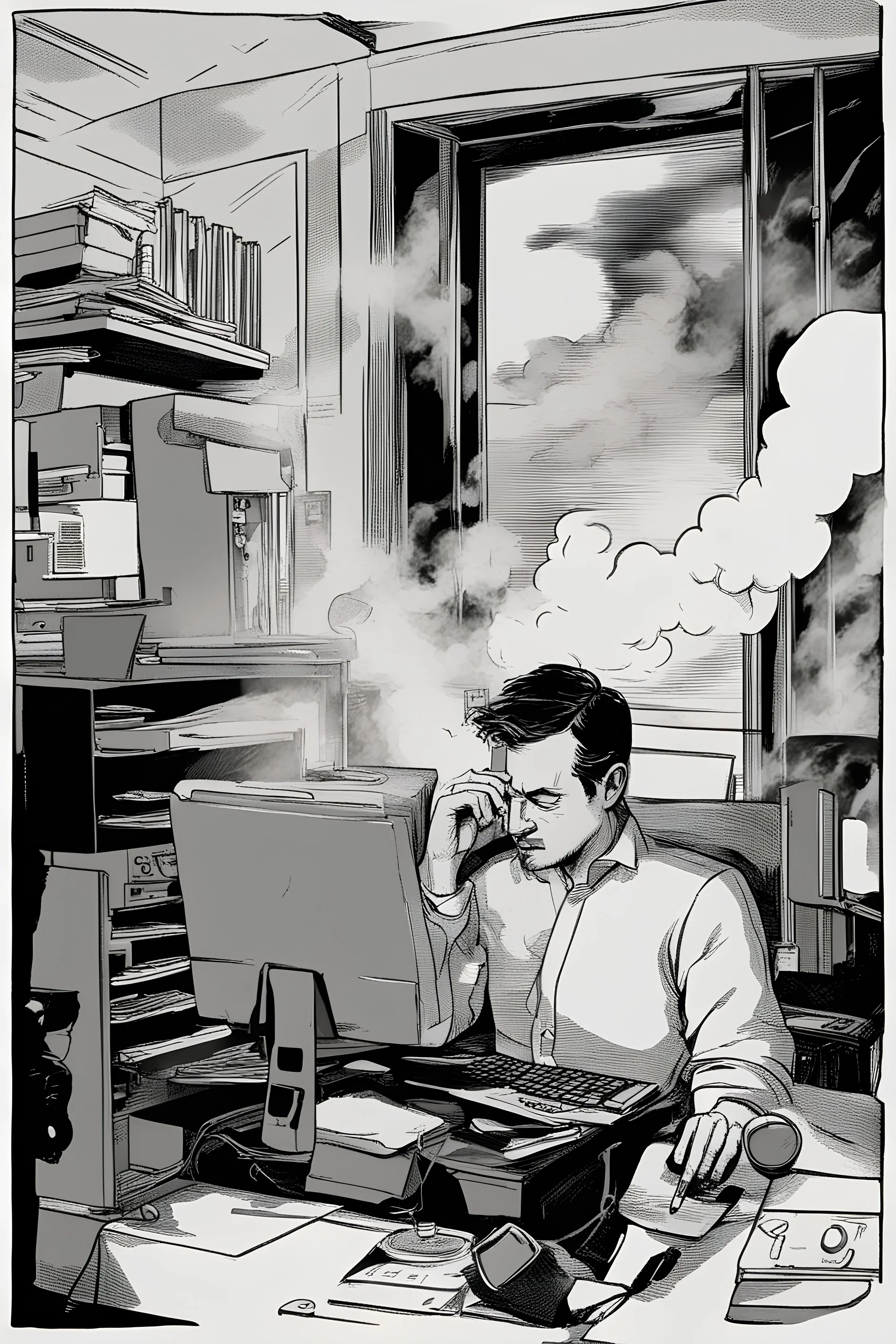 A tired man is working on the computer, and smoke rises from the computer.