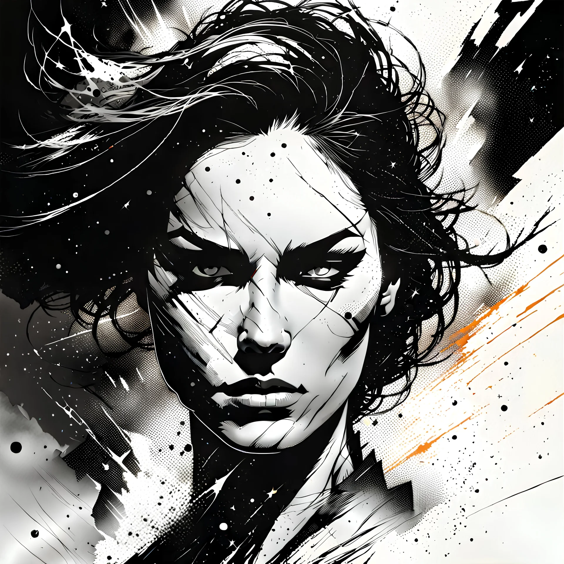 create an abstract portrait illustration of a female face in the process of severe explosive disintegration , highly detailed , in the comic art style of FRANK MILLER and BILL SIENKIEWICZ, searing lines and forceful strokes, boldly inked, with gritty textures, dramatic otherworldly lighting