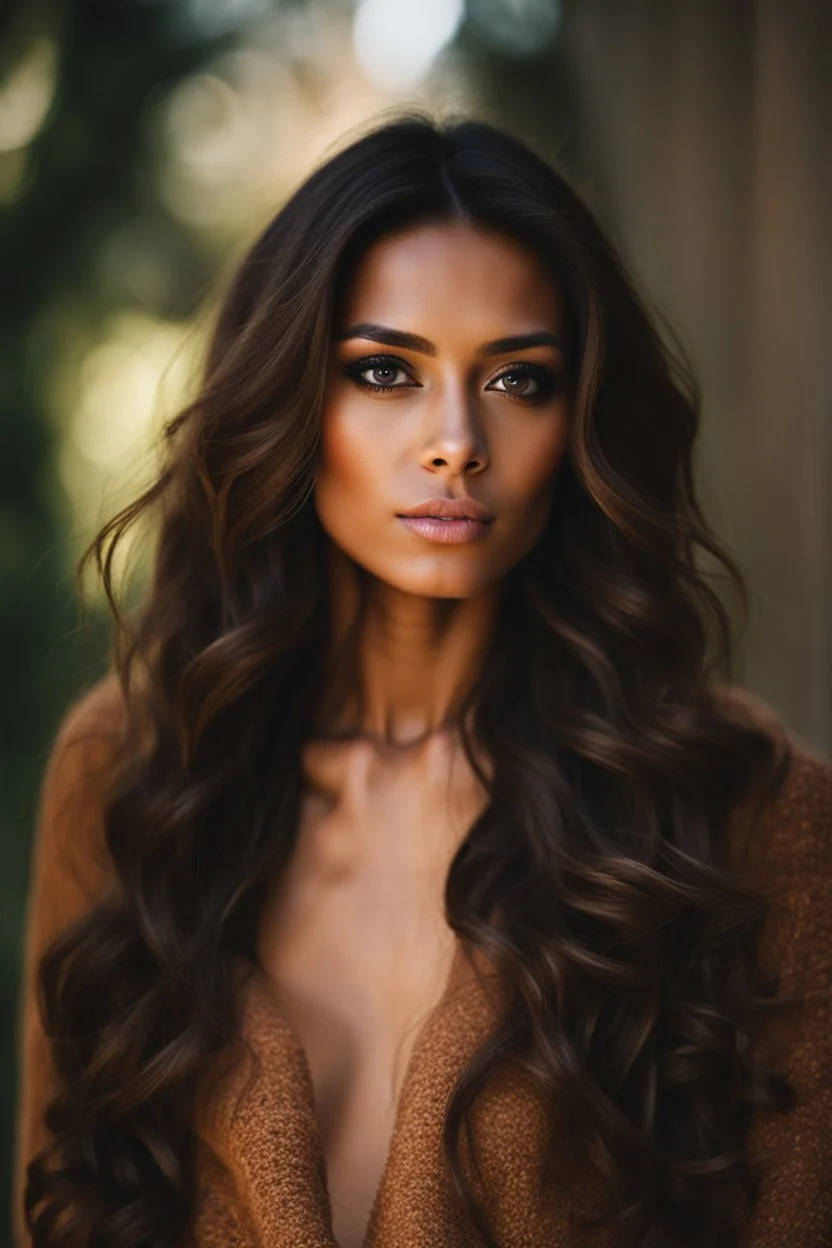 Beautiful 28 year old woman with olive skin and long brown wavy hair