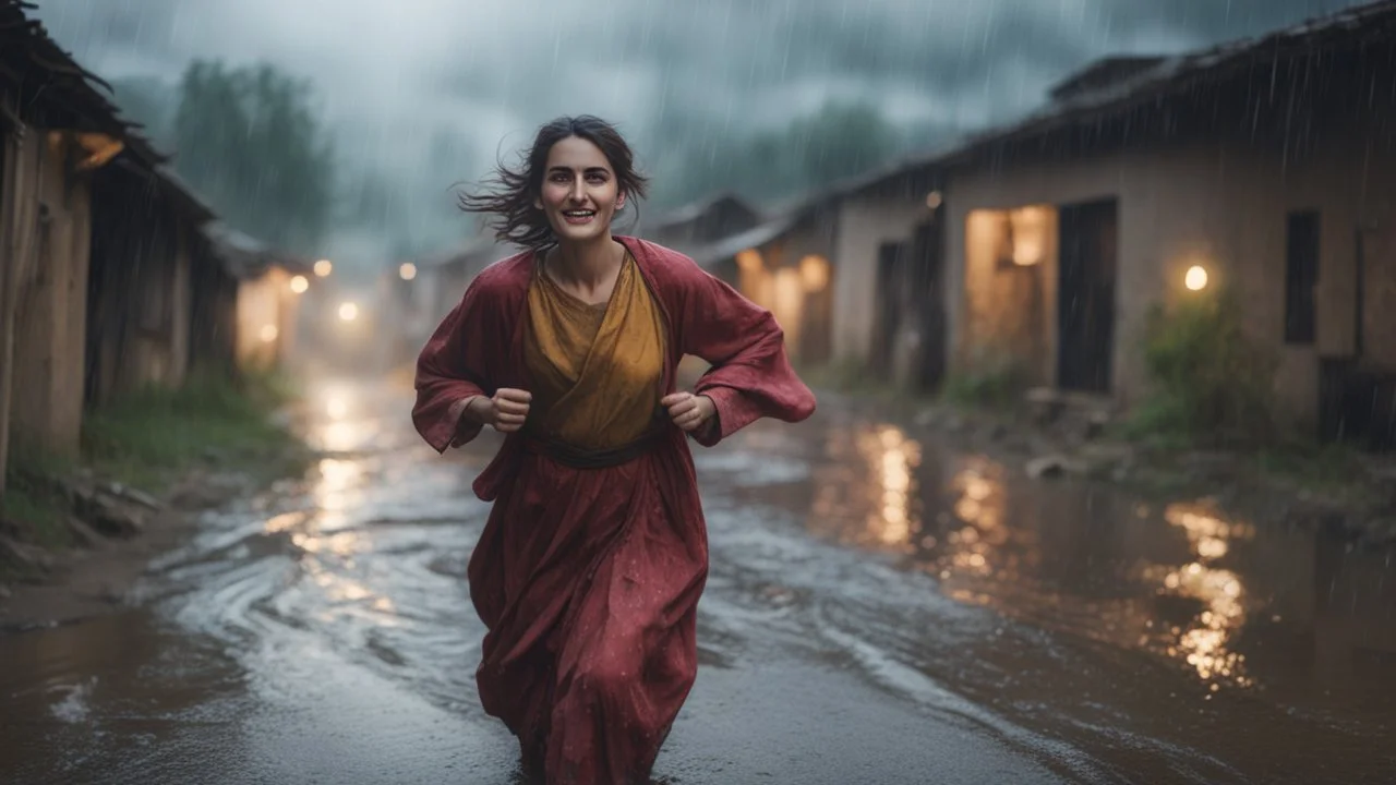 Hyper Realistic close-up-view of Beautiful-Happy-Pashto-Woman running across the streets of her village riverside at heavy-rainy-night with dramatic-&-cinematic-ambiance