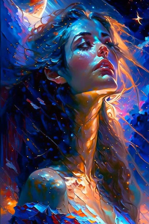 the night sky, she awaits with anticipation, Karol Bak UHD,, Pino Daeni and Dan Mumford, exquisite rendering, style of Leonid Afremov, Mario Sanchez Nevado. Modifiers: intricate very attractive beautiful award winning ultra detailed colourful high energy