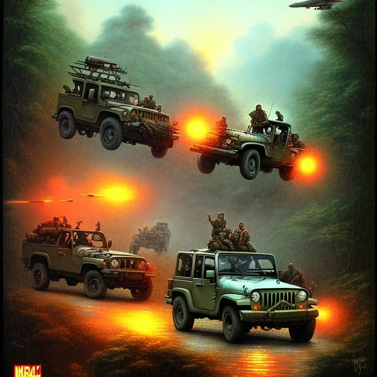 vietnam war. war report. jeep in jungle. poster. bokeh. lens flare. warm lights. high detailed. beksinski