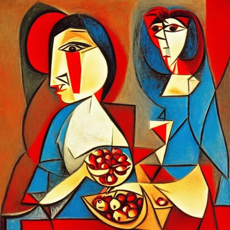 woman picking pomegranate in style of picasso