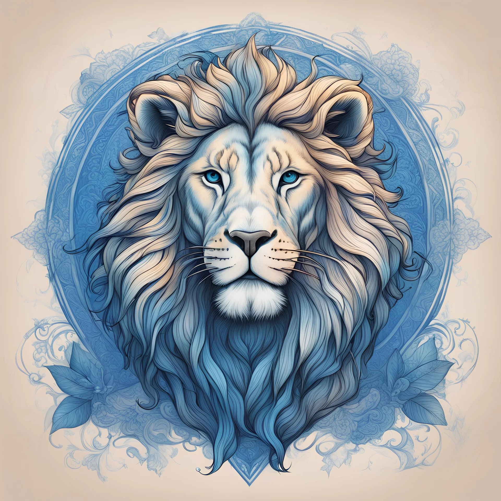 Holy Lion's Blessing in color sketch note blue print art style