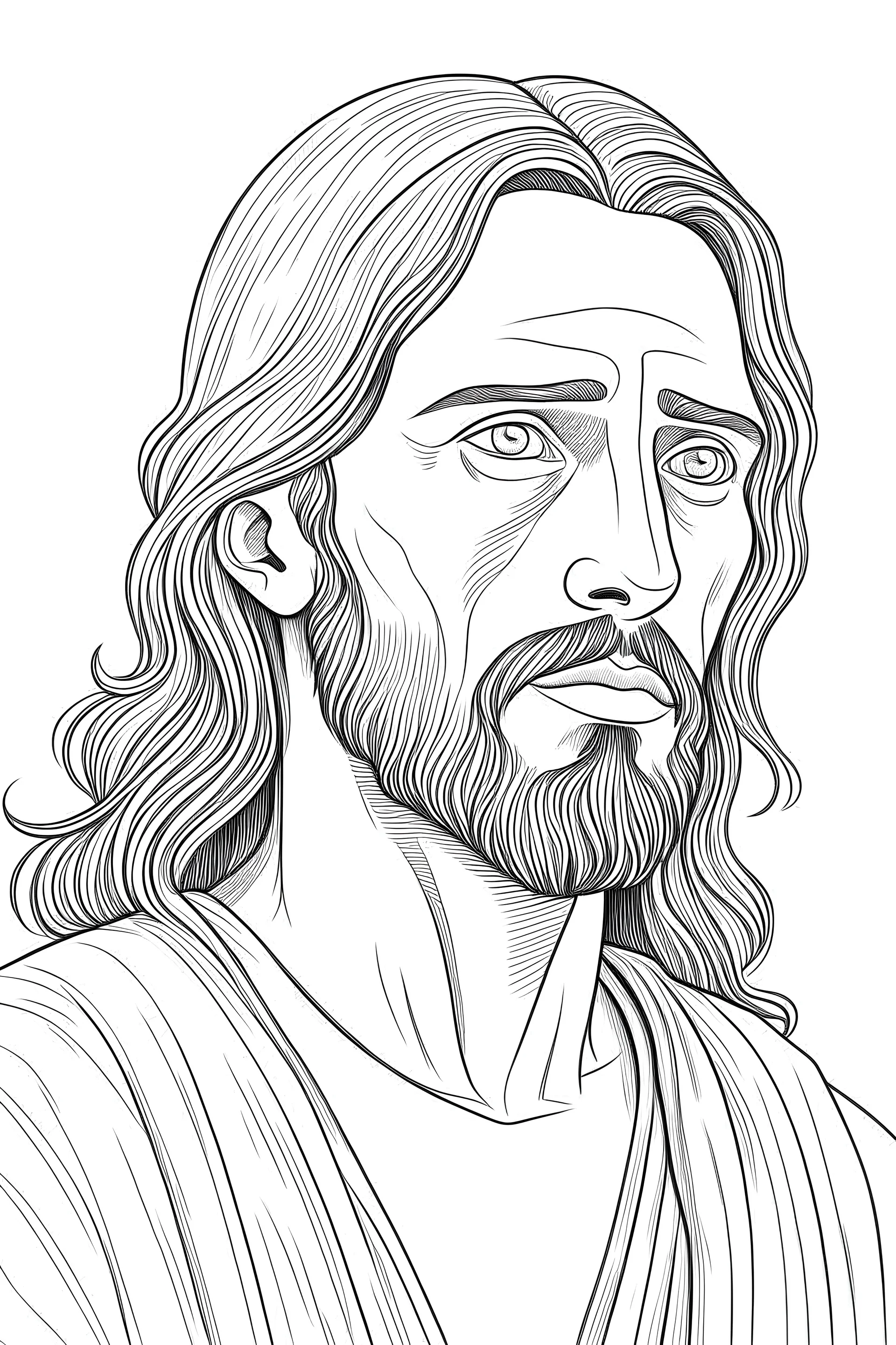 Jesus, realistic, each unique, full view, only draw lines, clean line art, –no sketch, white background, minimalistic black lines, minimal black color, coloring page, thin black line art, perfect shape, perfect clear lines,