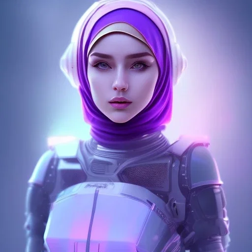 Cute girl face in hijab, Sci-fi character, purple backlight, pink and purple, scifi suit, profile, purple background, pink lighting