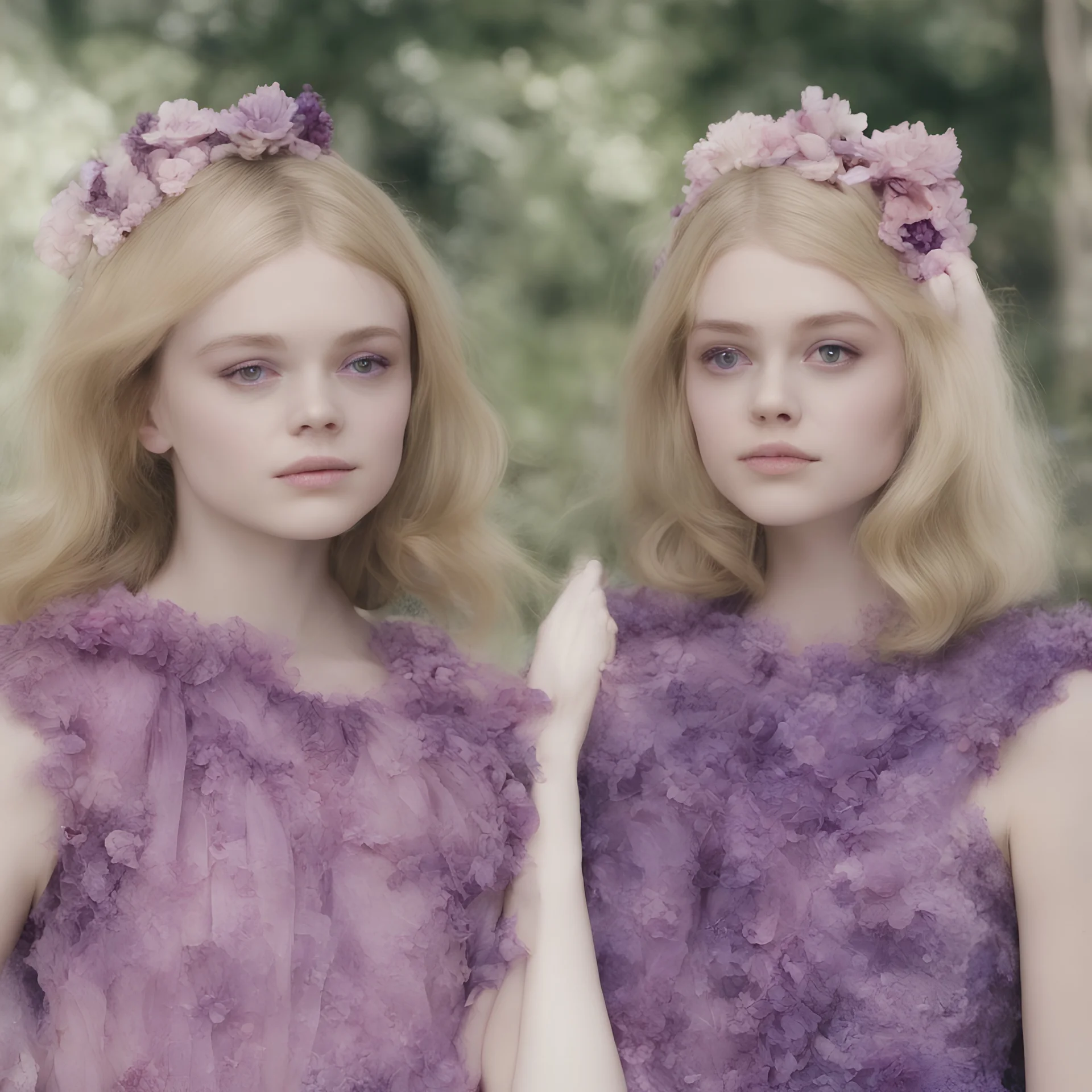 Elle fanning and dakota fanning , as flowers, purple, beehive hair, 1960s