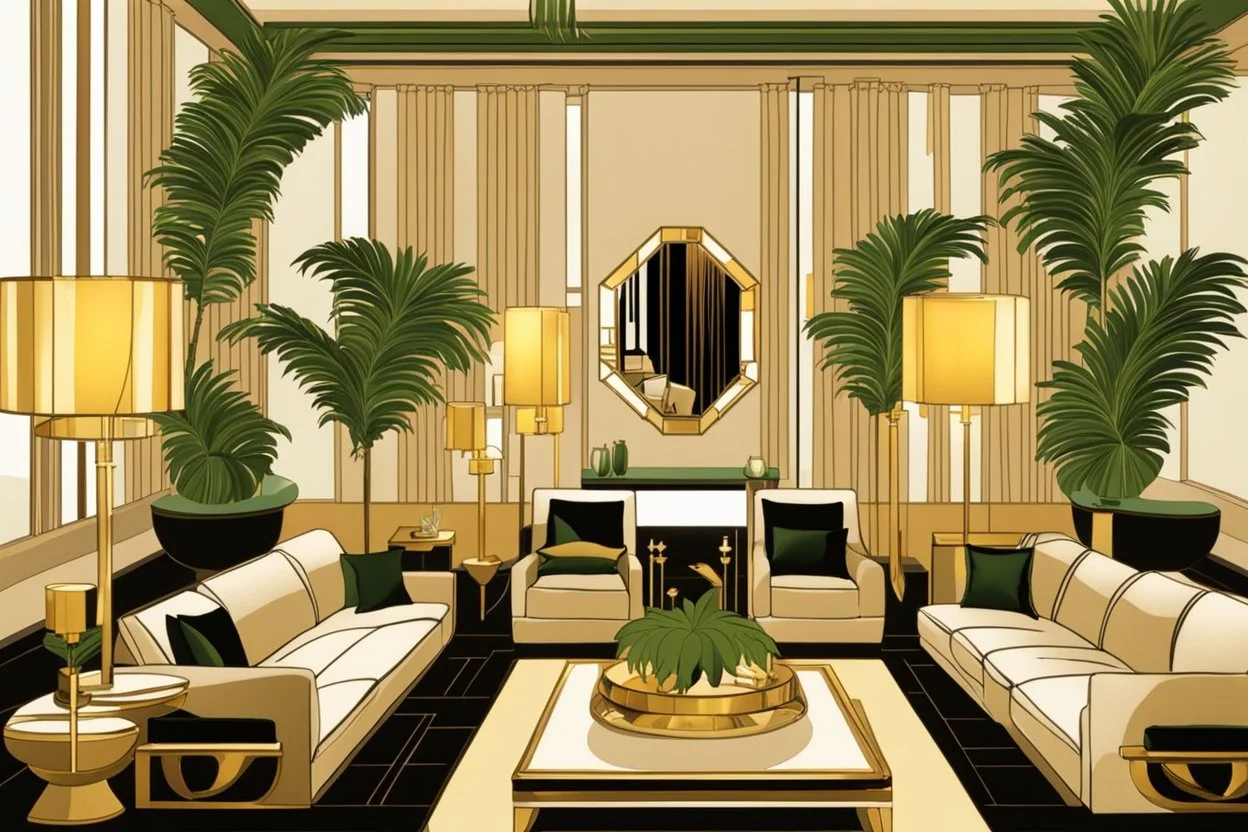 Inside an Art Deco living room with sofas, potted palms, with mirrors and brass sconces, incandescent, gleaming