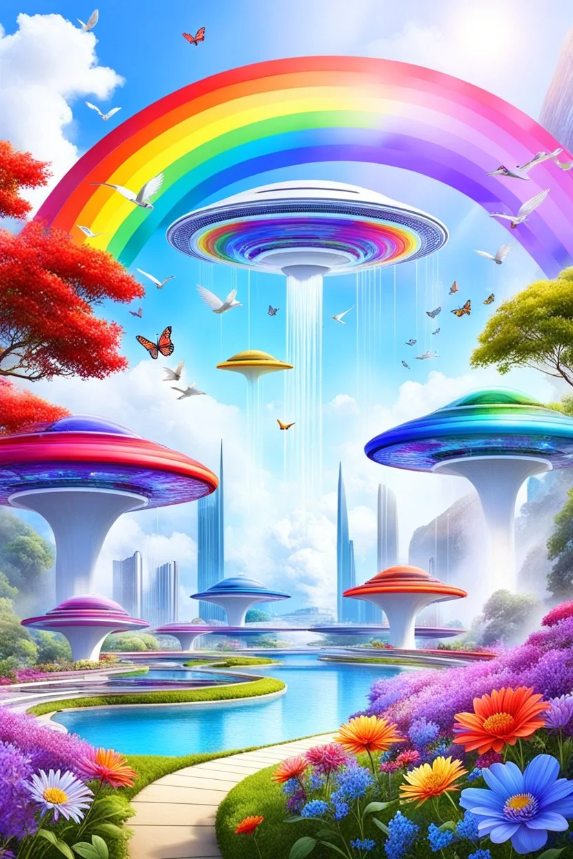 colors, very beautiful, flowers garden,rainbow, cité très futuriste ultra moderne, ufos rainbow, ufos fleet, intergalactic, birds, butterfly, cascades, falls