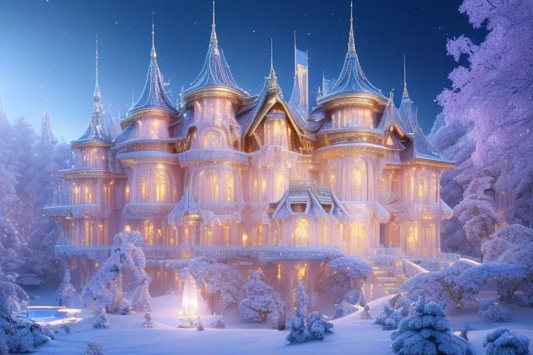 a magical crystal snow pink gold house palace in the woods, blue lake,sun,white swanns,pink vertical, blue lake,sharp, vines, candlelit, endor, ornate, elegant, highly detailed, artstation, concept art, smooth, sharp focus, illustration, 8k, splash art, wallpaper, key visual