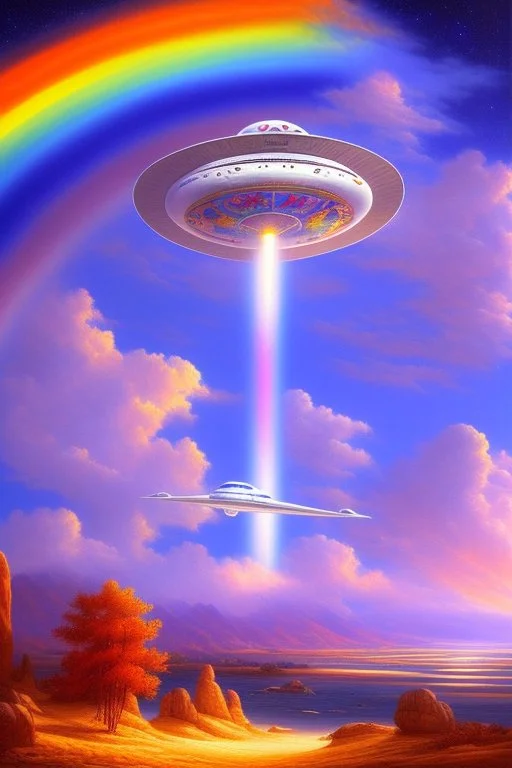 Very beautiful ufo rainbow futurist, intergalactic, mother ship, ashtar command