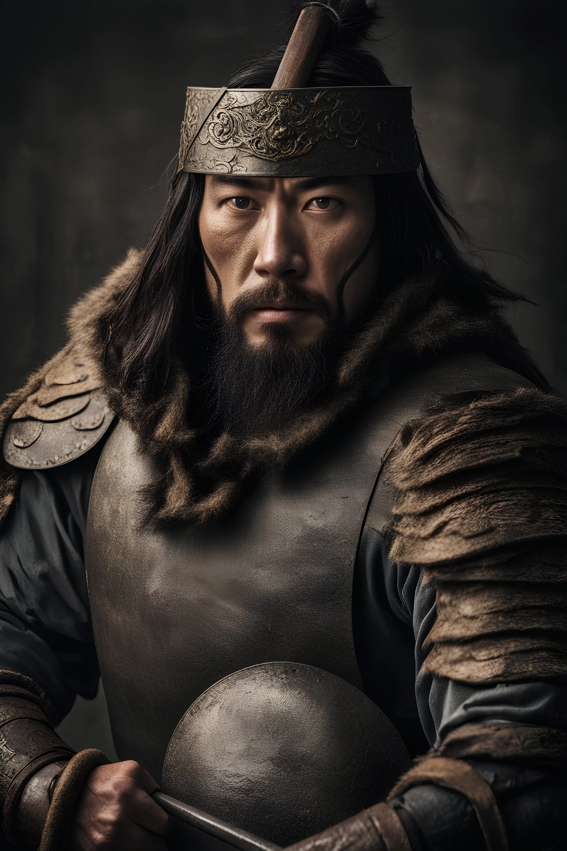 Close-up of a warrior the 1200s and a Mongol warriors portrait , strong athletic build, cinematographic photo