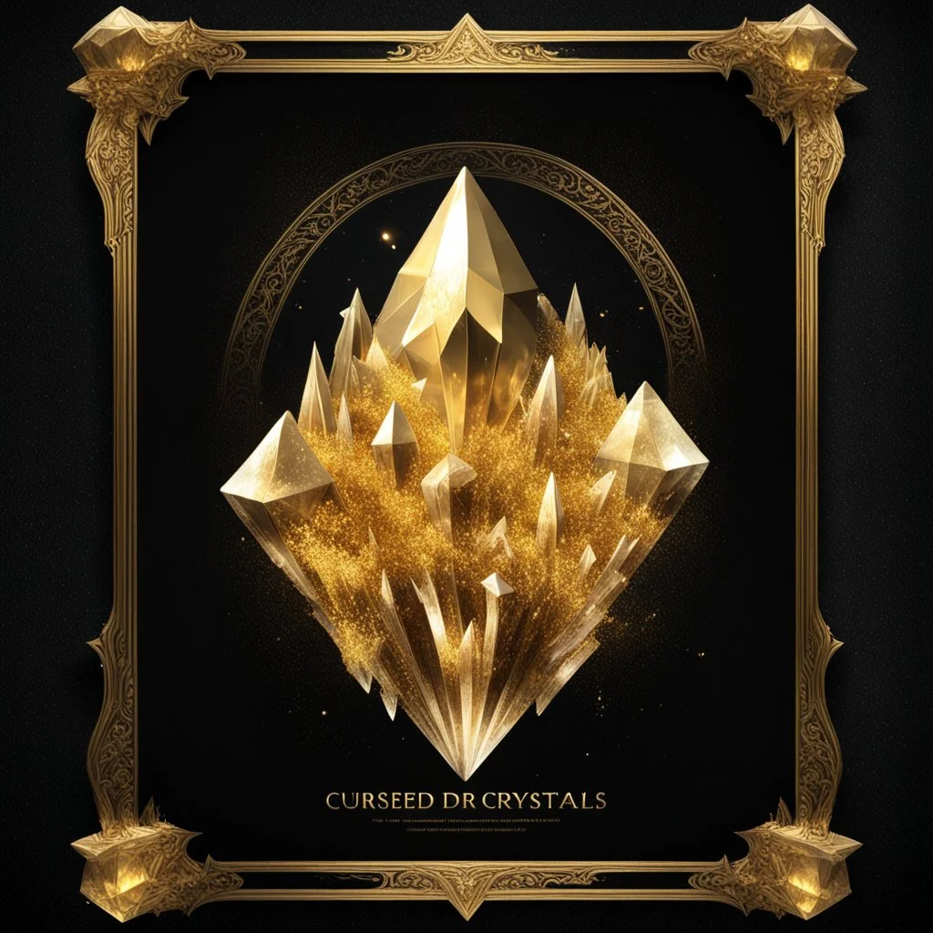 Generate a Movie Poster: "Cursed Golden Crystals" On Royal Black Velvet Background.