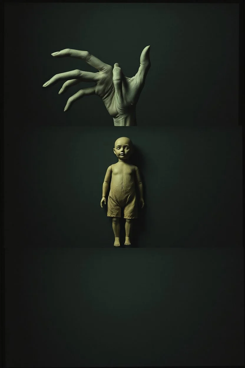 arcane montage, minimalism, found footage with an unsettling dread. The grainy image reflects dull colors exacerbating an atmospheric gloom. unusual juxtapositions - a fantastical segmented arm evolving into an anthropomorphic husk doll across several panels, extreme contrast