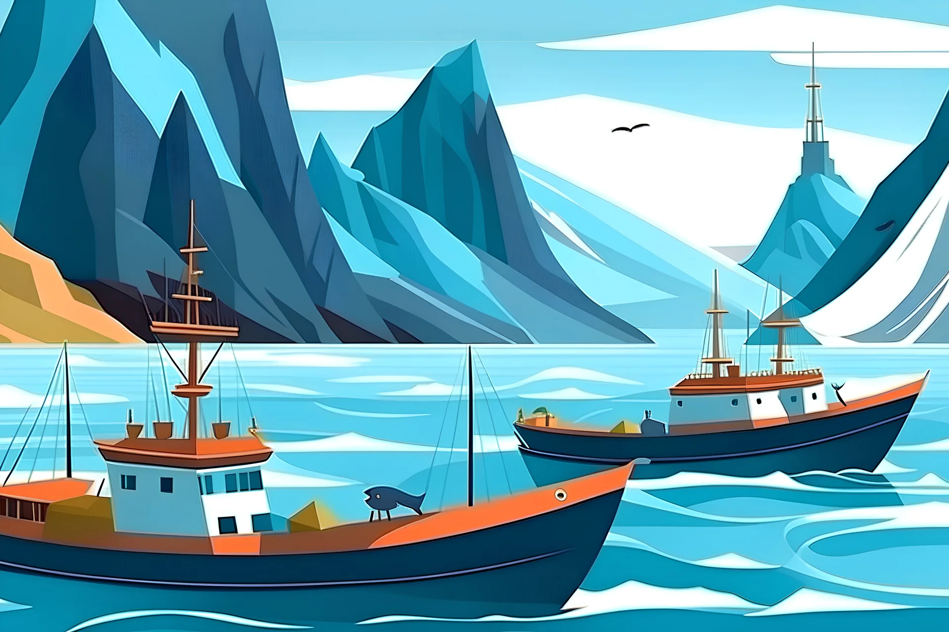 marine ecosystem Iceland mountains haddock and Atlantic cod cartoon style fishing trawlers ships