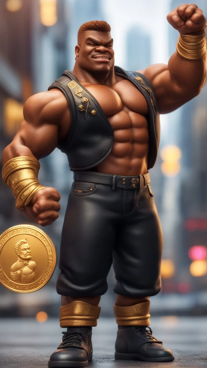 black hunk Abobo from double dragon holding up a big golden coin with a print of himself ,bokeh like f/0.8, tilt-shift lens 8k, high detail, smooth render, down-light, unreal engine, prize winning