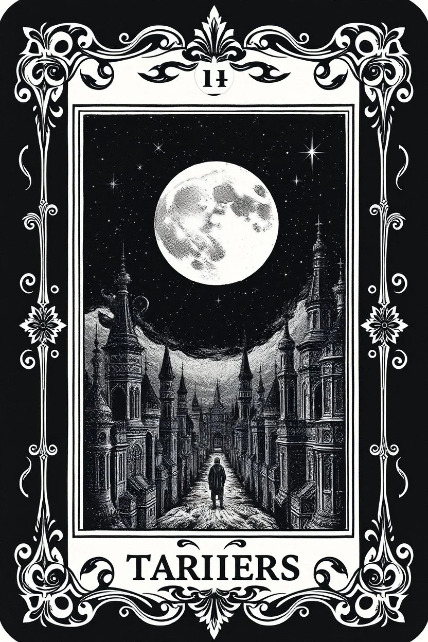 in center stunning alcolhol ink tarot card with full moon and weird fantasy cityscape, dark sky, strars, occult forces, sharp focus, beautiful ornamentic frames on card, detalied, fantasy, black background, card style