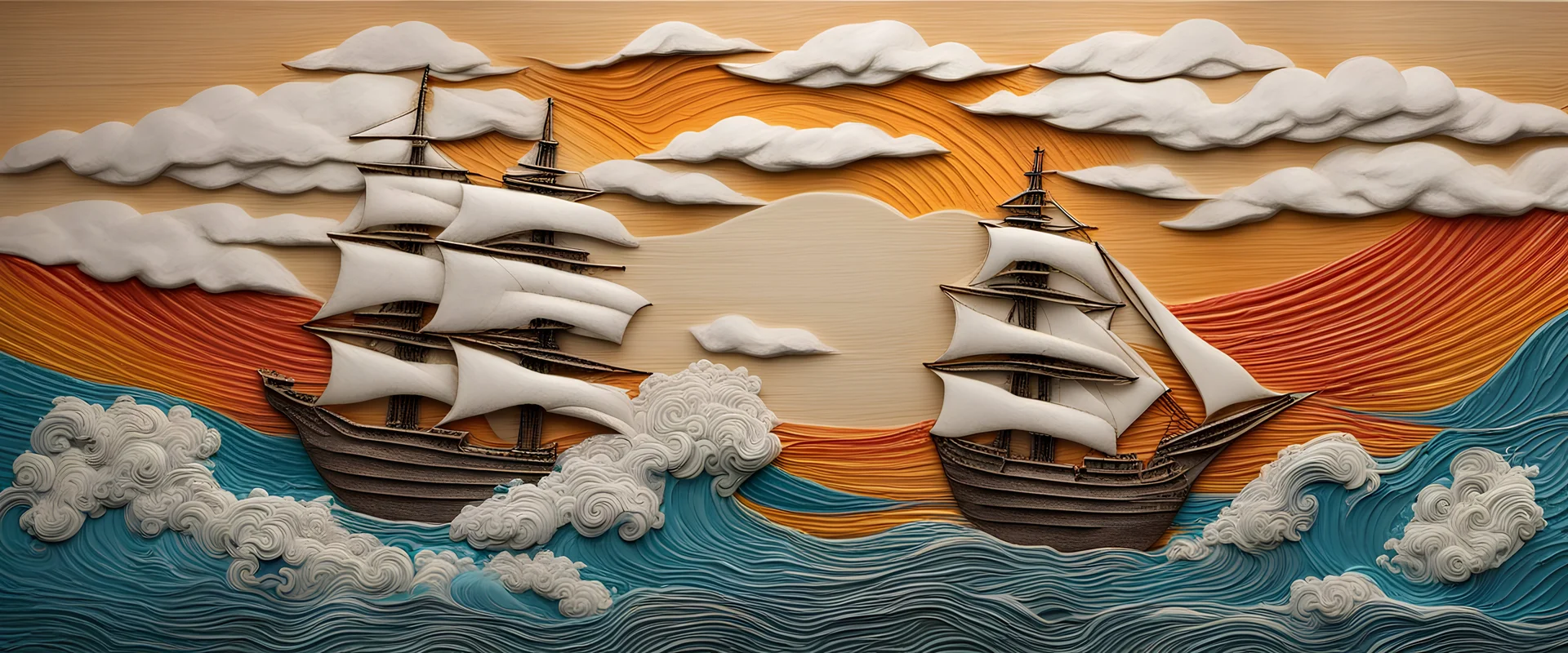 sail ship in the ocean, relief wall art, big waves, cloud, colorful, sun, sculpture. Japanese style