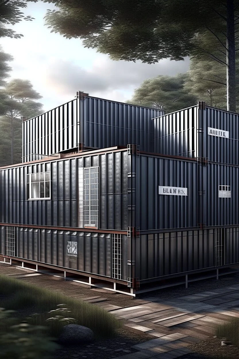 large house in the woods made from shipping containers, photorealistic