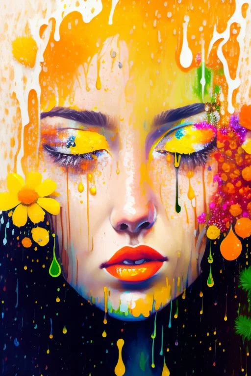 acrylic portrait of a woman, lush hair, rain, flowers, umbrella, autumn, paint blots, splashes, tears, plants, yellow, blue, green, orange colors