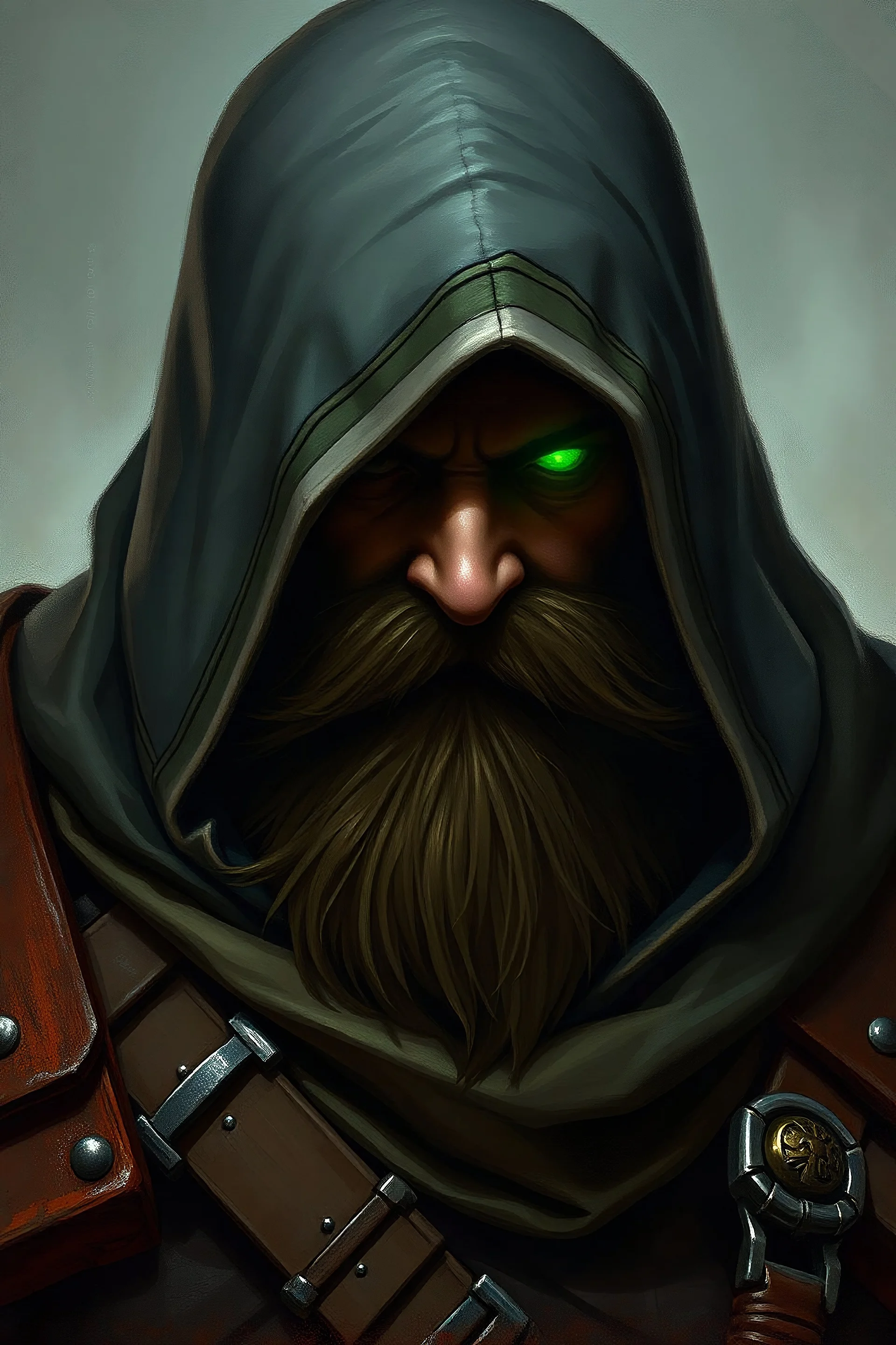 thick bearded hooded warhammer 40k rogue trader, the hood obscures his facial features but there is a distinct green eye glow it should look like an oil painting