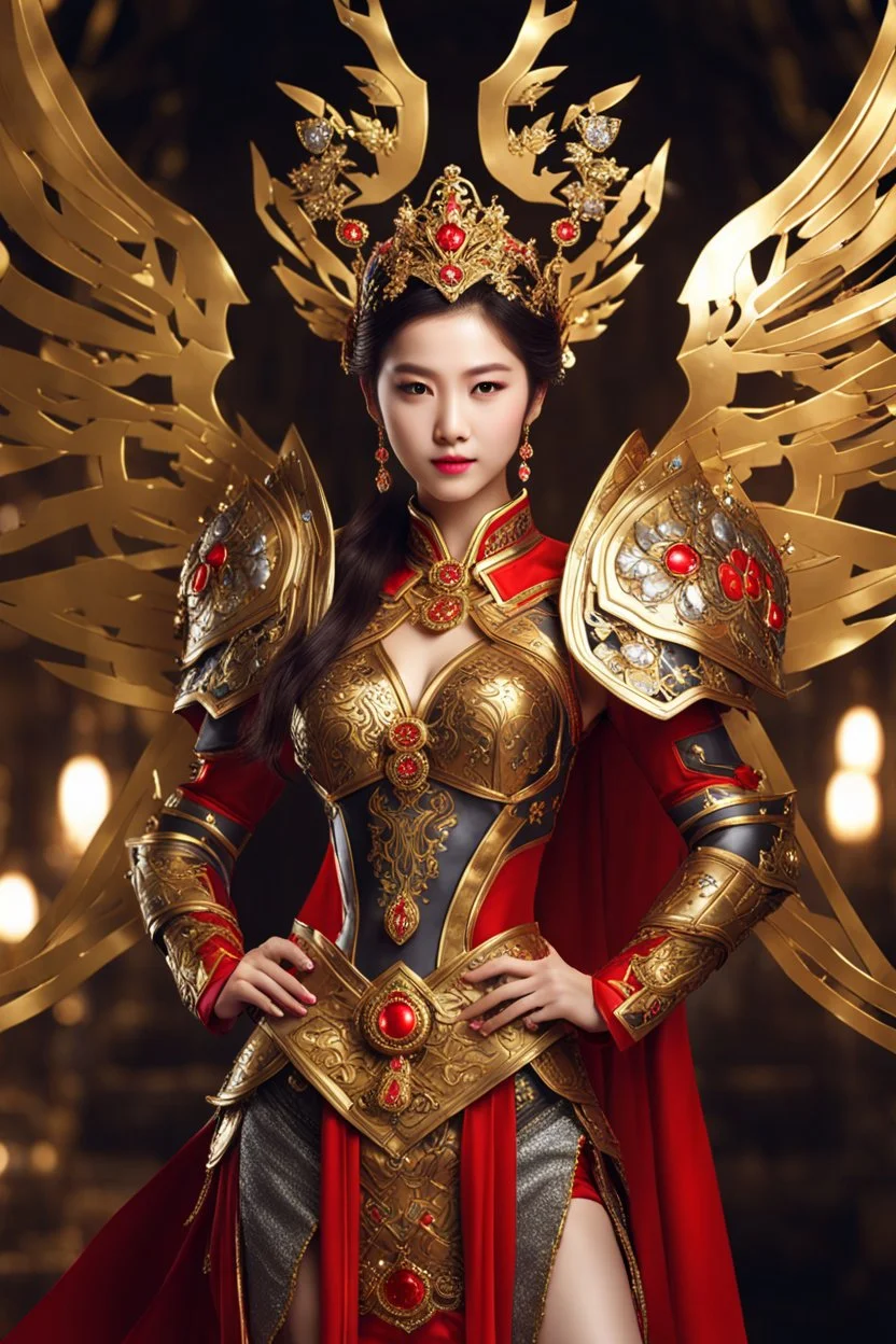 Realistic photography,front_view, Beautiful Queen fairy super model Chinese Woman, brown hair,dressing luxury party gown,looking at viewer,traditional dress ornaments mechanical armor china traditional, intricate armor, delicate golden shine bright, black metalic parts, detailed part, jewelry diamonds,dynamic pose,abstrac background, dynamic lighting, red hour, full body portrait