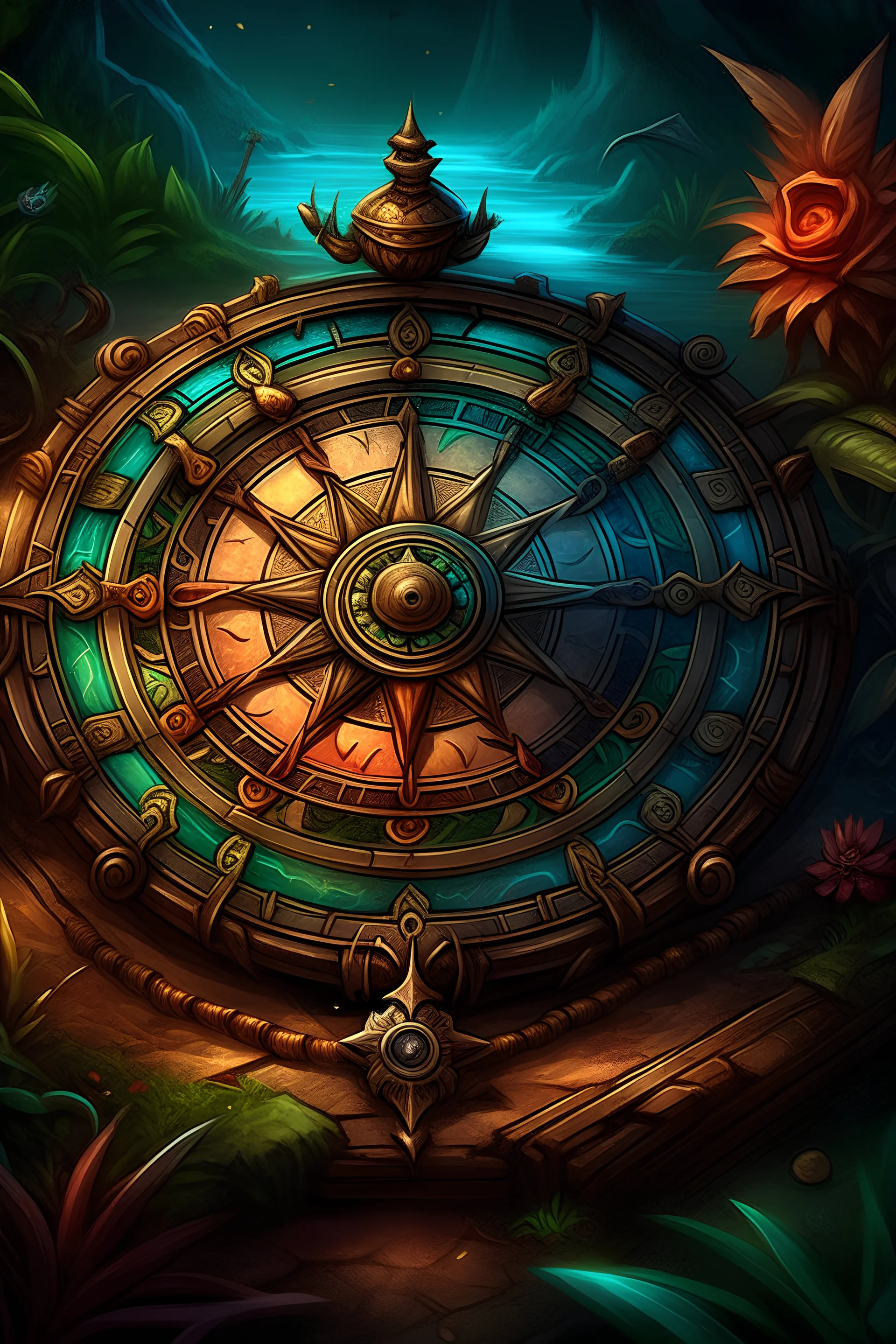 Digital art illustration of the ancient compass of guidance, a card with intricate detailing and ancient symbols, designed to guide players and provide them with the ability to rearrange piles on the game board, allowing complete control over the game strategy. the illustration will capture the essence of adventure and mystery, with a touch of fantasy, using vibrant colors and digital painting techniques.