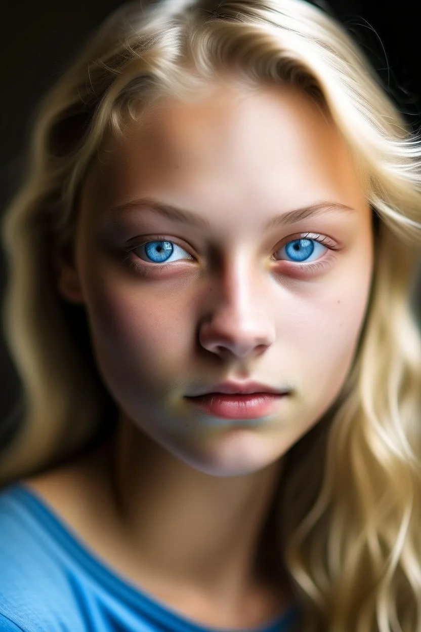 portrait of a 16 year old caucasian woman with shaved blond hair, water-blue eyes