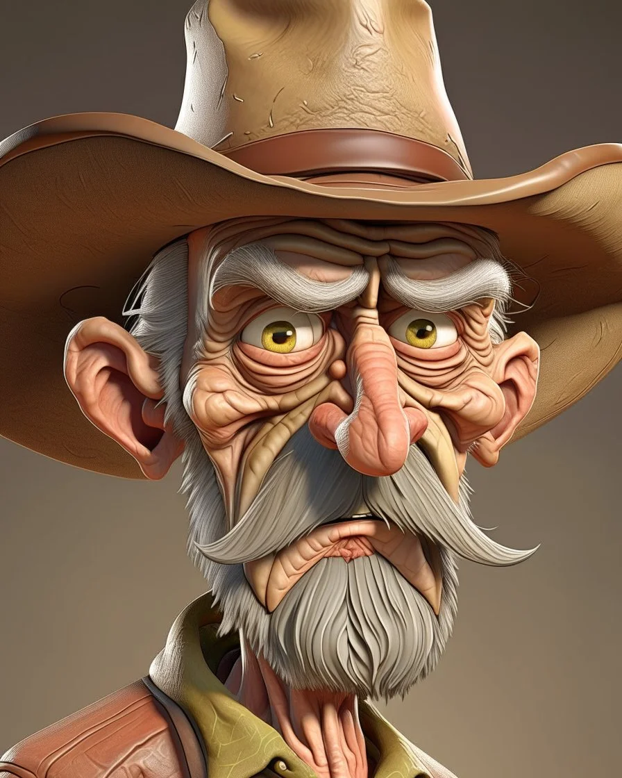 hyper-realistic 3D caricature of an old weathered cowboy with highly exaggerated features. Deeply wrinkled skin, oversized ears, and a long, bulbous nose. Large, expressive wide eyes with intense detail. A thick, wispy white handlebar mustache and long goatee. Wearing a dusty tan wide-brimmed cowboy hat, a brown checkered shirt, and a worn leather vest. Soft studio lighting, neutral beige background, cinematic render, 8k resolution, intricate textures, Pixar-meets-Norman-Rockwell style. Modifier