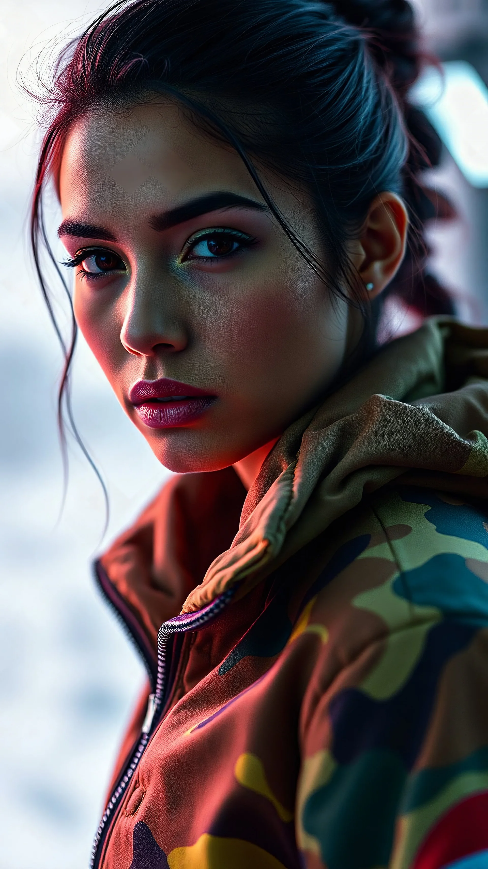 Algorithmically gorgeous woman with Indonesian, Lebanese, Ethiopian, and Swedish heritage, Phantom Flex4K, 85mm Prime Lens, 1000 FPS. Her bomber jacket integrates Dyneema® Composite Fabric, Aerotherm® Insulation, and Thermagrid™ Reflective Material, multi-textured, thermochromic camouflage effect with industrial-grade durability. Her expression is intense and calm. Fuchsia, Chartreuse, Electric Blue, Dark Red, Burnt Orange, Dusky Yellow, Khaki, Indigo, Mauve. Colony ship. 1970s sci-fi. Neo-noir.