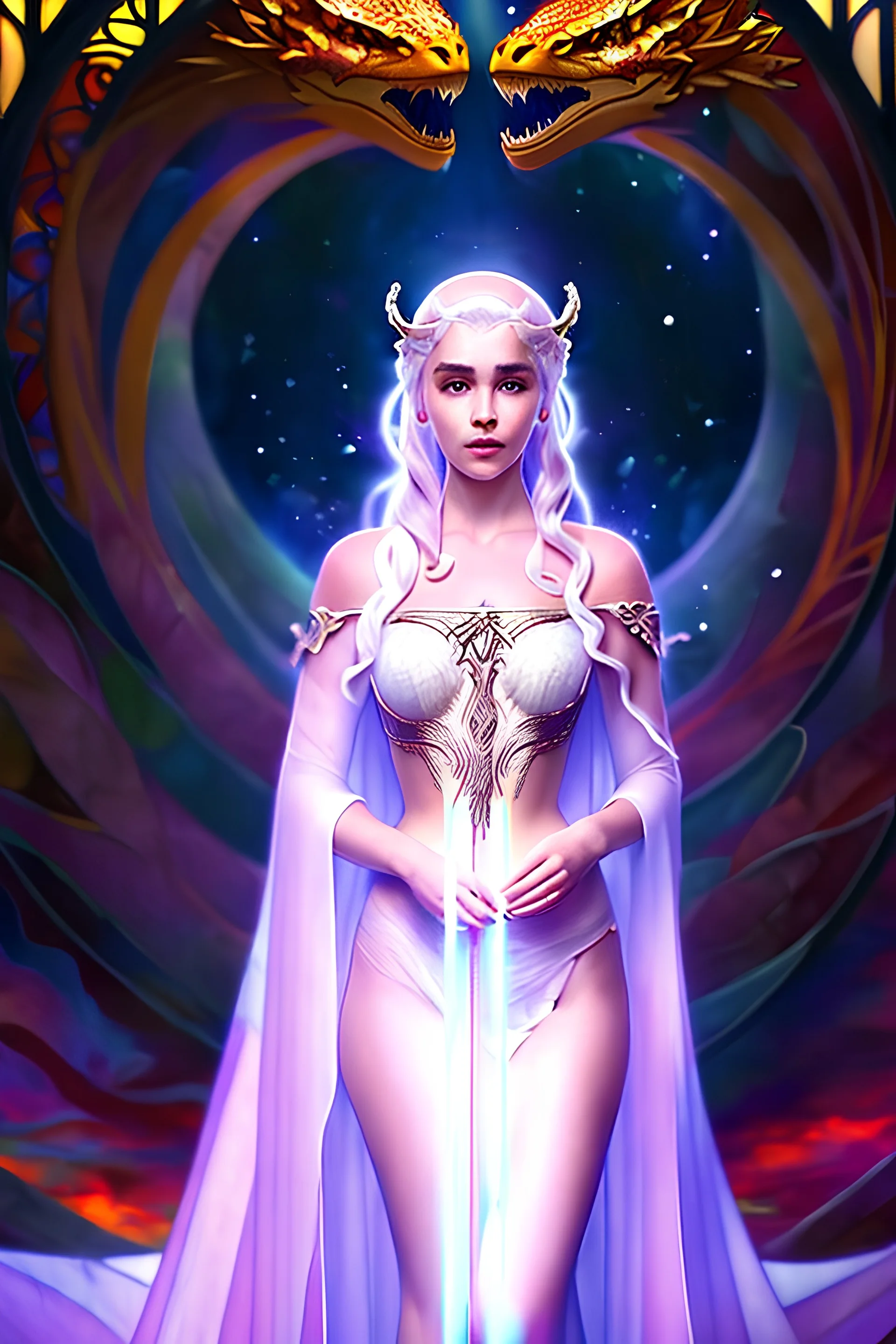 art by Alfons Mucha, stained glass motif, whole body image of beautiful Emilia Clark as Daenerys Targaryen in a mystical enchanted forest standing next to a dragon, HD 4K, sharp detail, photo-realistic accurate face and features, cinematic lighting, award winning imagery